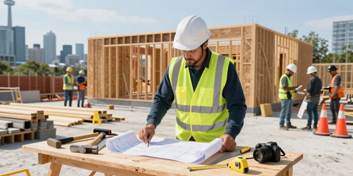 Residential general contractor Toronto supervising construction site with blueprints and tools