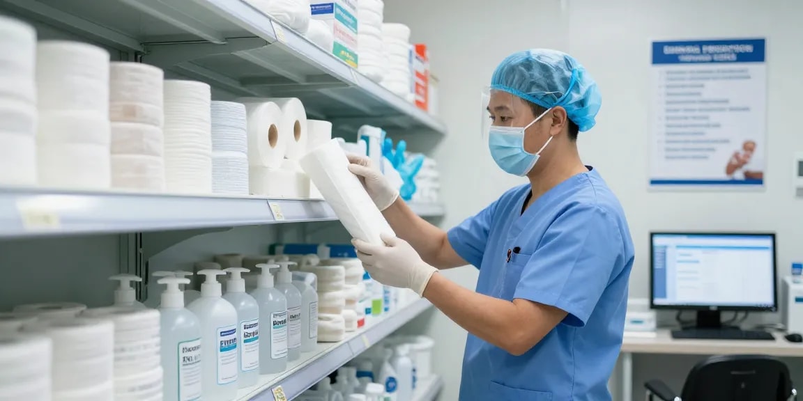 Healthcare technician inspecting medical gauze in a supply warehouse.