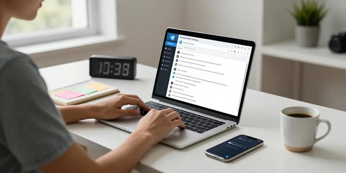 Using Telegram Web Version on a laptop in modern office setup, focusing on digital communication and productivity.