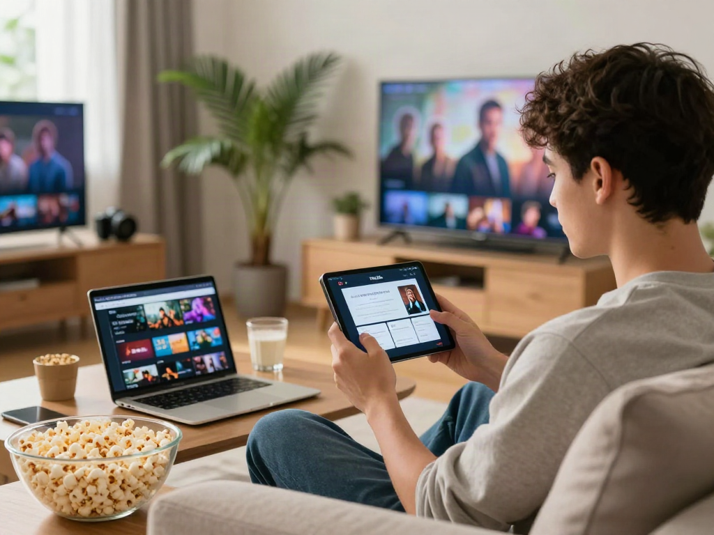 Engaging user exploring FilmyZilla app on smartphone in cozy living room.