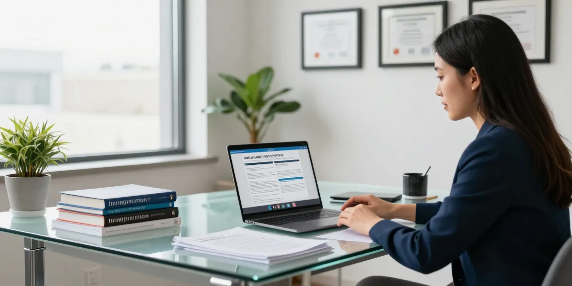 Find a Canadian immigration consultant in a professional office setting with documents and legal credentials.