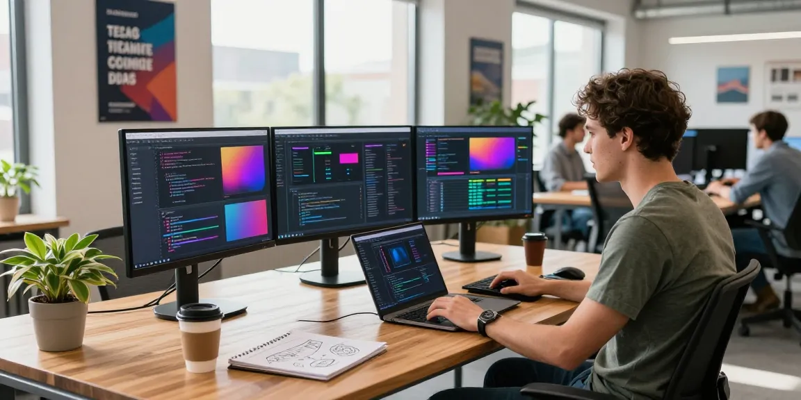 Professional software developer in a modern office setting coding on multiple screens, showcasing WPS Official Website tools.