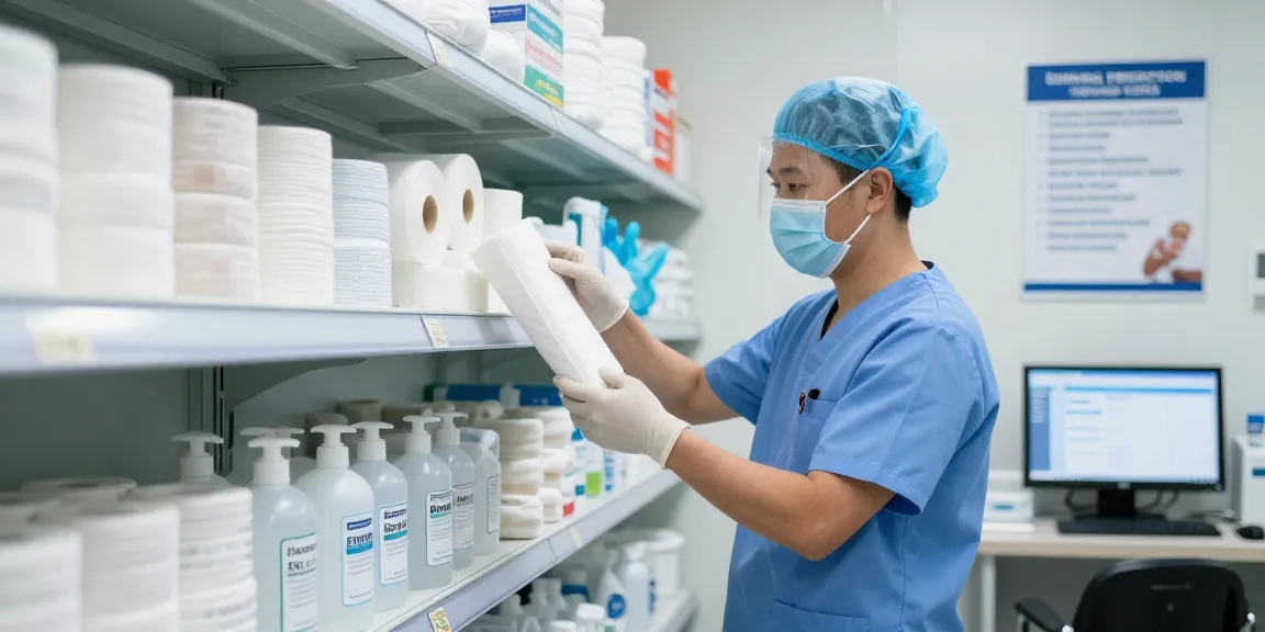 Healthcare technician inspecting medical gauze in a supply warehouse.