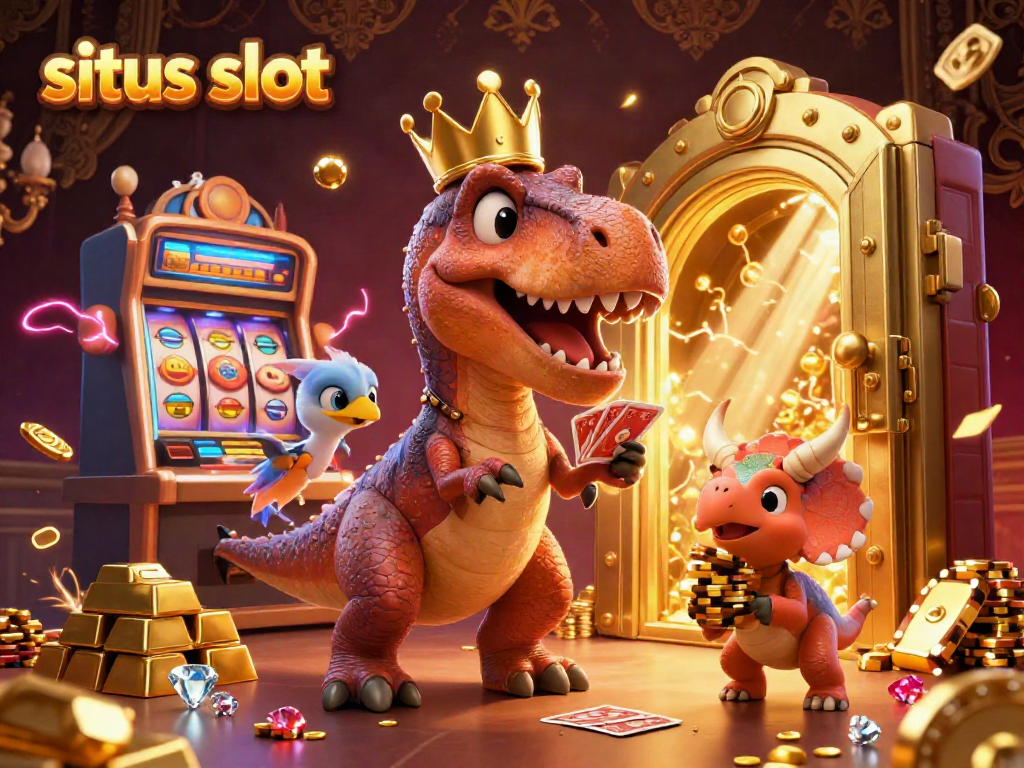 Experience thrilling gameplay in this vibrant situs slot scene with a playful dinosaur trio and sparkling casino elements.