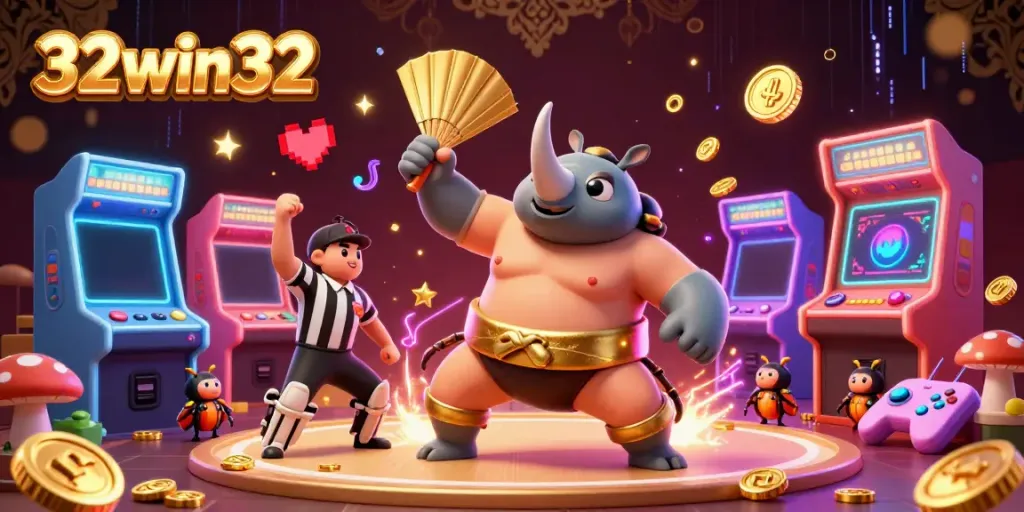 Experience thrilling 32win32 gameplay as a sumo champion beetle stomps for coins in a vibrant casino.