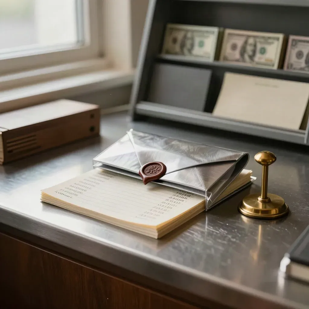 Exchange counter still life with currency sleeves, sealed pouch and brass weight