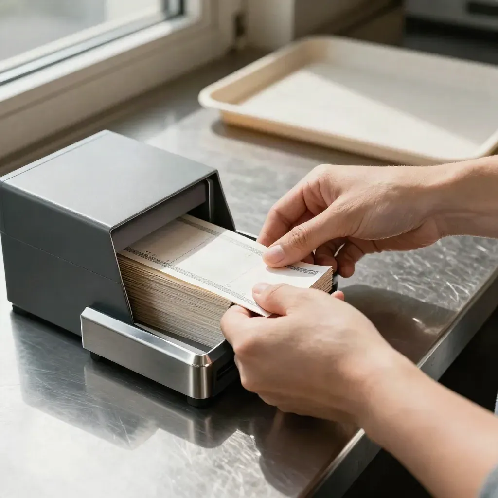 Payment sleeves, bank-draft box, and card terminal dock aligned on a brushed steel counter.