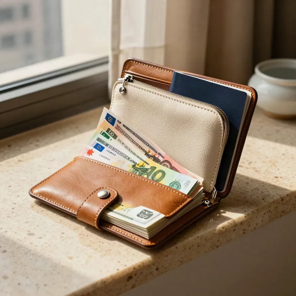 Travel wallet with CAD, USD and EUR bundles, coin purse and passport cover on a sunlit ledge.