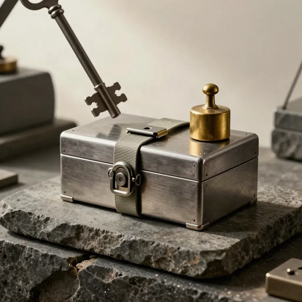 Macro of a lockbox, reserve bands and brass weight on stone, lit dramatically.