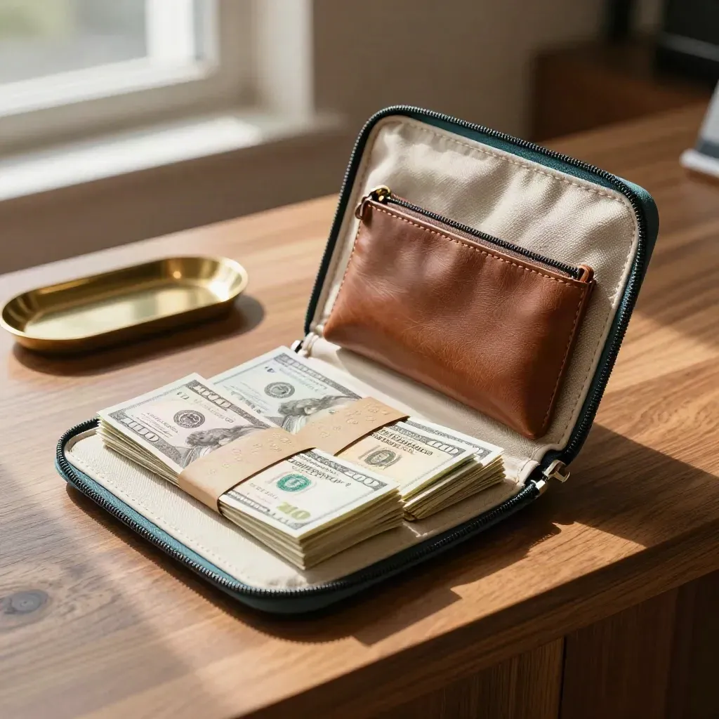 Open travel cash organizer with sorted banknote bundles, coin pouch, and zip case on a warm counter.