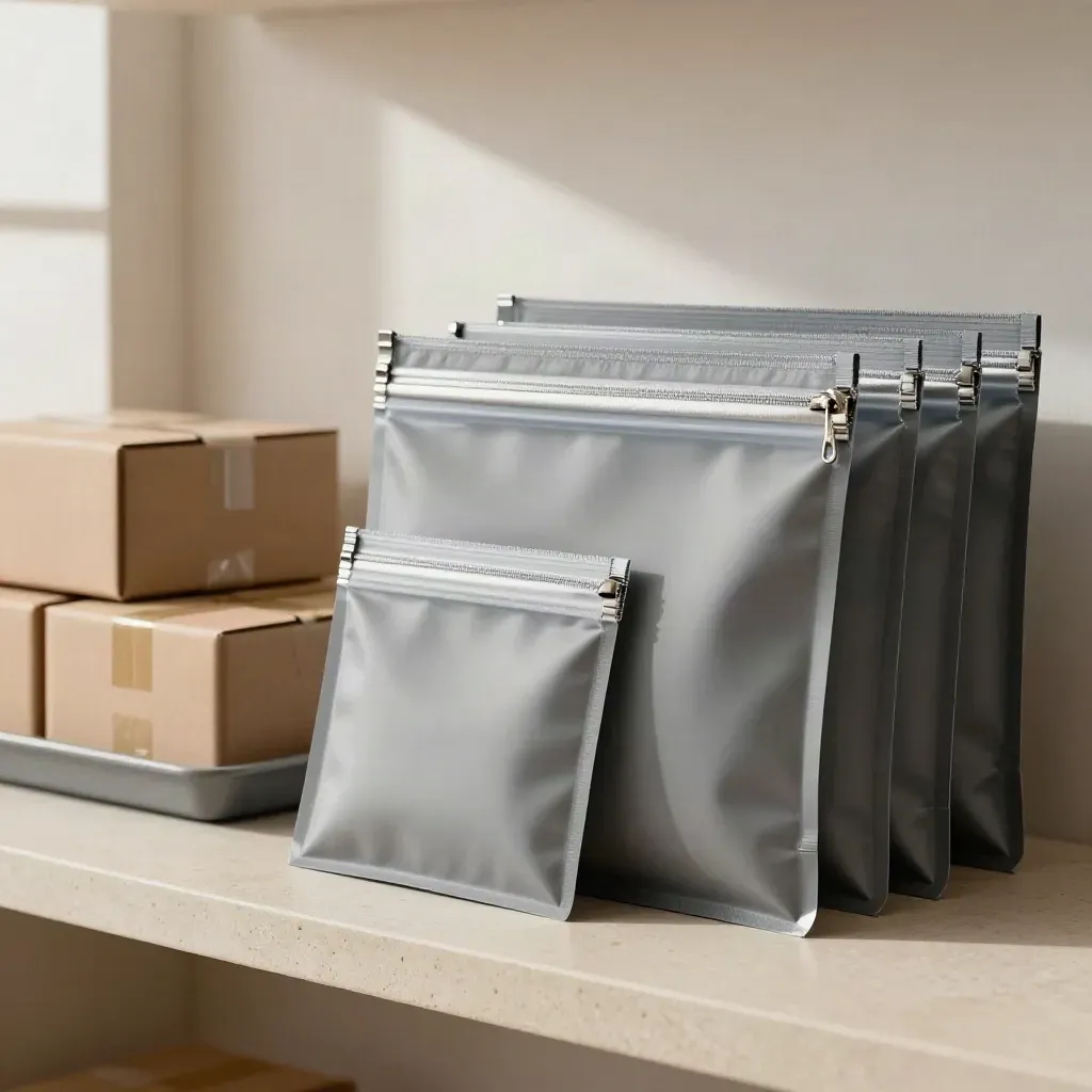 Sealed payment pouches and shipping cartons on a minimalist shelf, lit from the side.