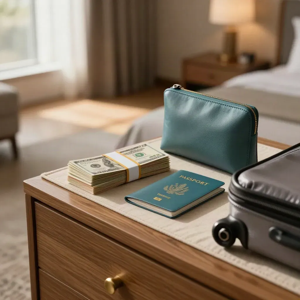 Travel cash bundles with passport cover and pouch on a hotel dresser by a suitcase