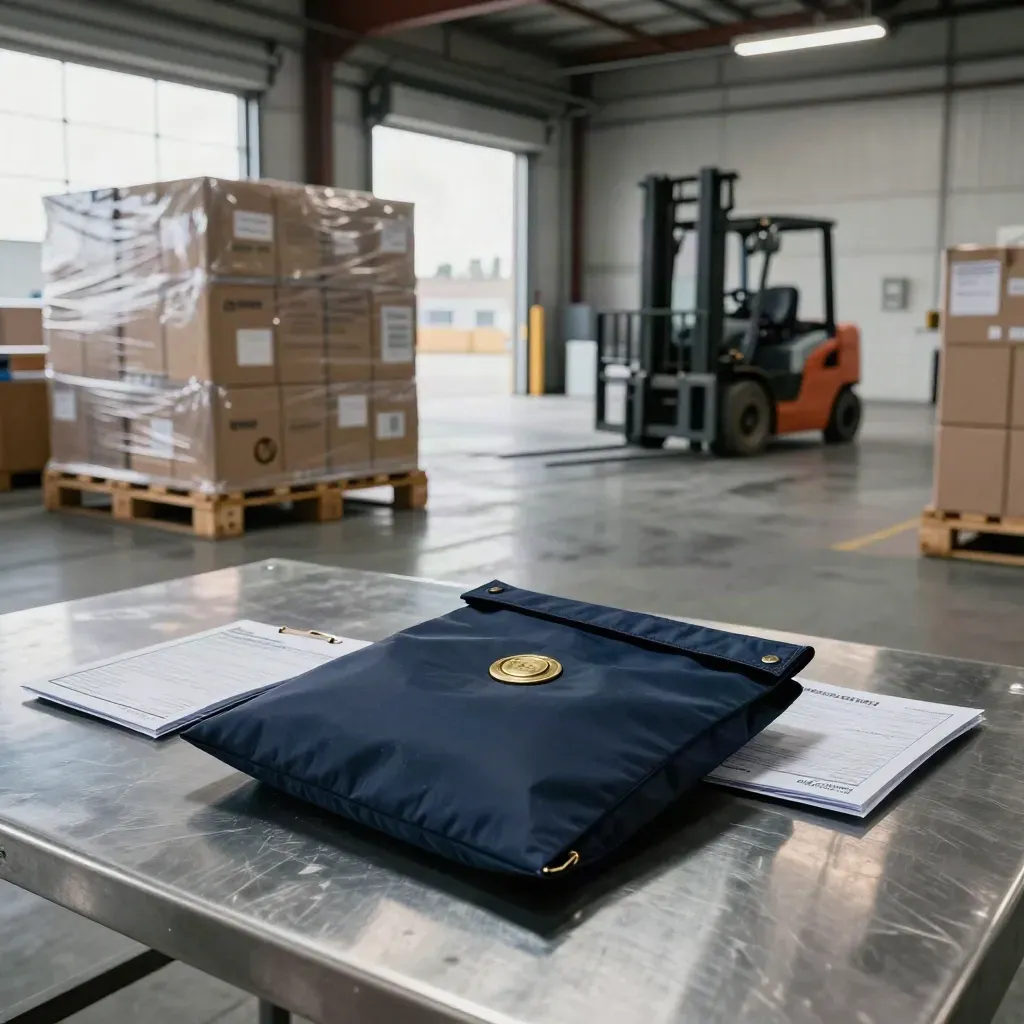 Warehouse loading bay with palletized cartons and a secured payment pouch on a steel table.