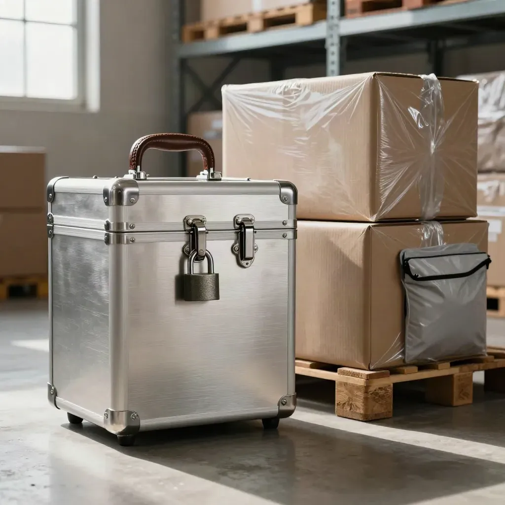 Locked cash reserve case beside shrink-wrapped imported stock in a quiet warehouse stockroom.