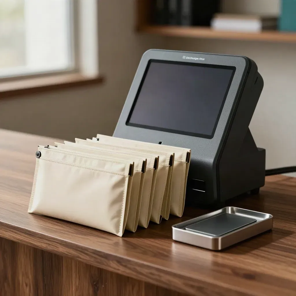 Merchant terminal, payment pouches, and card tray on a walnut counter with dramatic side light.
