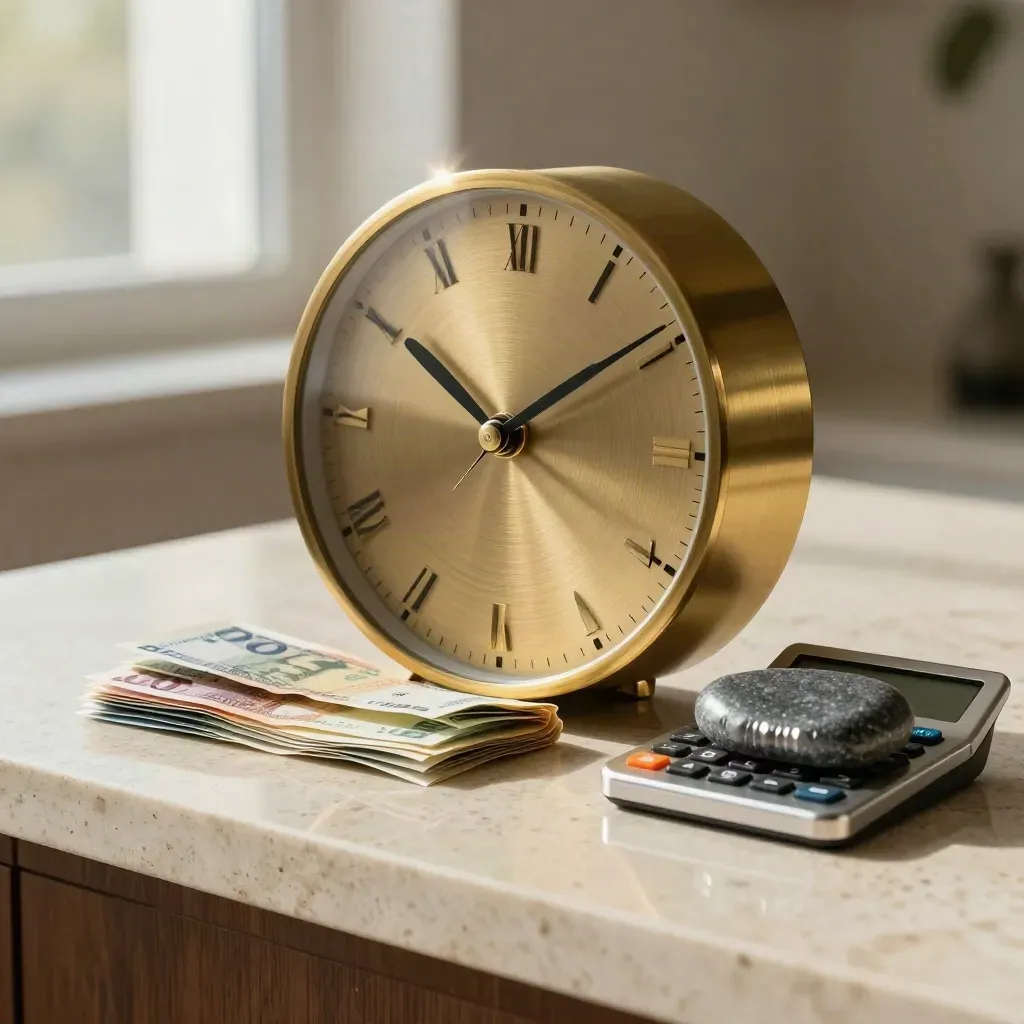 Brass world clock with currency sleeves and an exchange calculator on travertine.