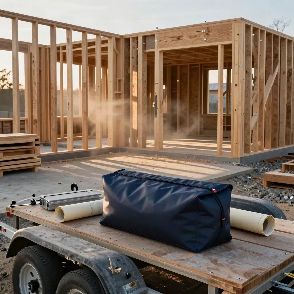 Unfinished timber frame with a navy transfer pouch and plan tube on a site trailer bench