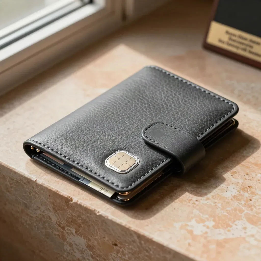Wallet sleeve, rate token, and currency strip on warm stone, top-down