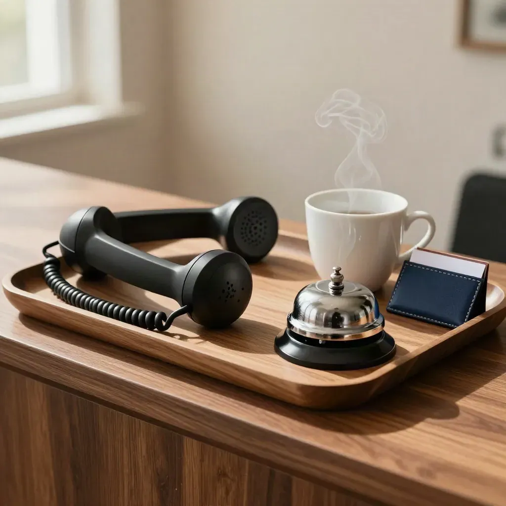 Walnut tray with phone handset, service bell and steaming cup in soft daylight