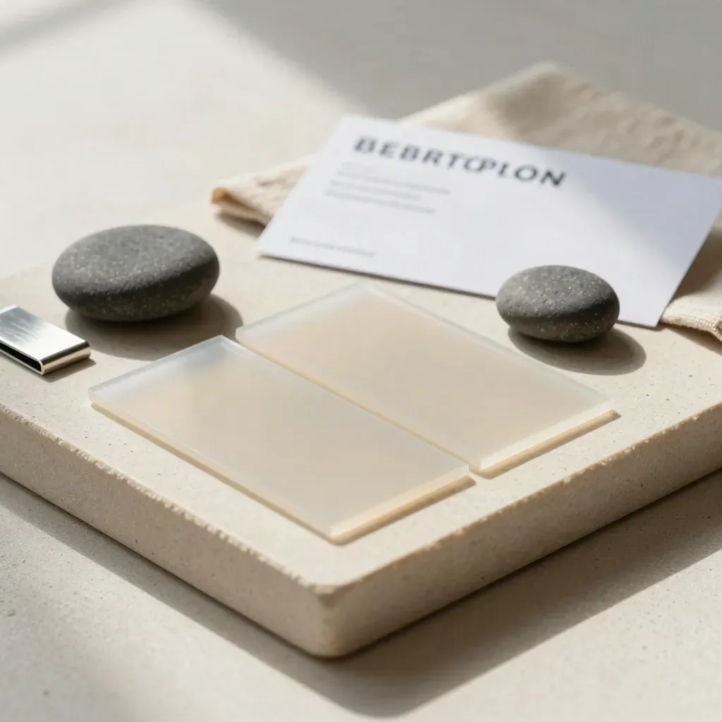 Currency sample sleeves, approval pebble, and metal tab on a stone tray with linen cloth.