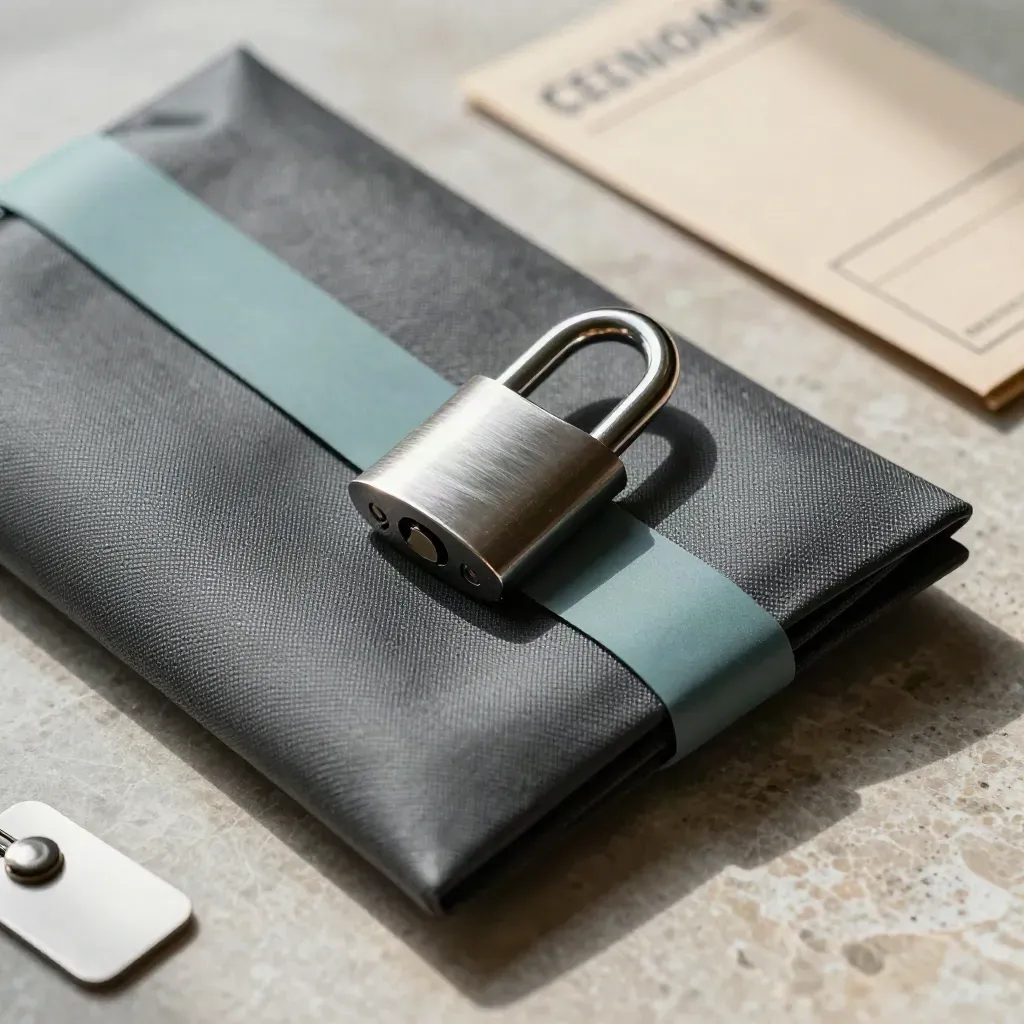 Sealed transfer pouch with lock and transit clip on a stone desk, lit from the side.