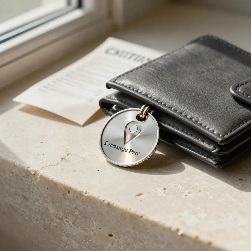 Confirmation token, closed wallet, and receipt sleeve on pale limestone, lit from upper left.