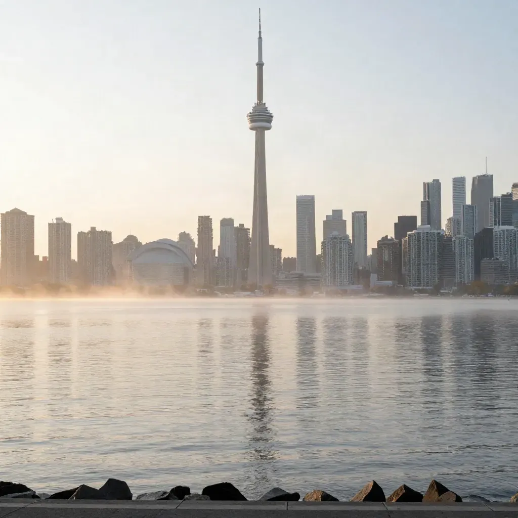 Toronto skyline with CN Tower above a hazy silver lake at sunrise