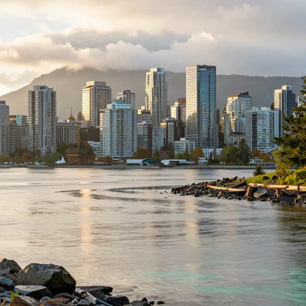 Vancouver skyline above a misty inlet at golden hour, with calm water below