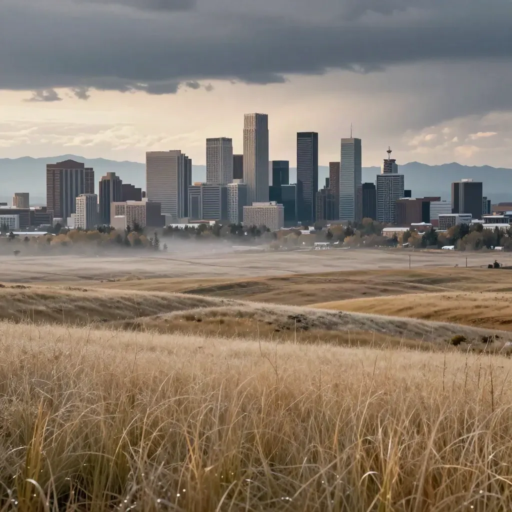 Calgary skyline high above prairie grass with faint Rockies and storm light clearing after rain.