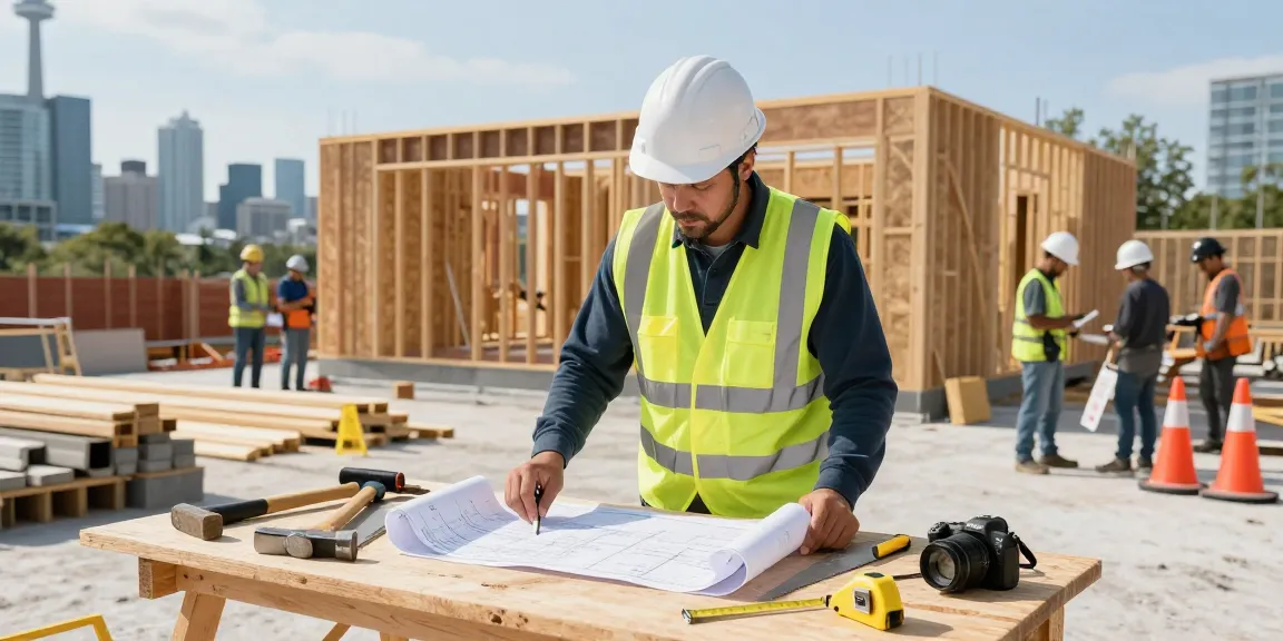 Residential general contractor Toronto supervising construction site with blueprints and tools