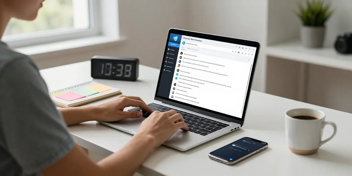 Using Telegram Web Version on a laptop in modern office setup, focusing on digital communication and productivity.