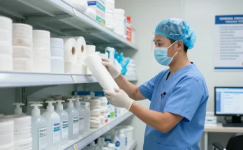 Healthcare technician inspecting medical gauze in a supply warehouse.