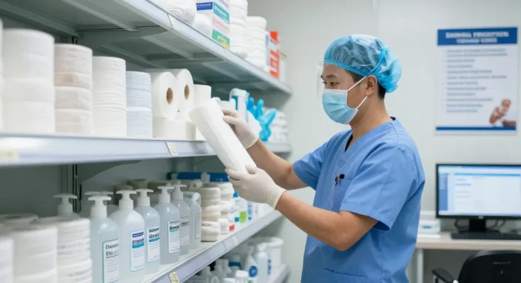Healthcare technician inspecting medical gauze in a supply warehouse.