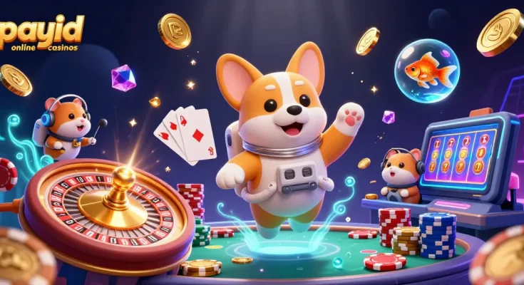 Engage with payid online casinos showcasing a 3D cartoon astronaut corgi in a cosmic casino.
